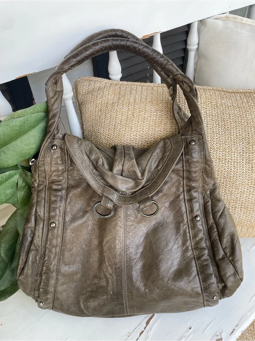 Vintage LUBA J Leather Hobo Shoulder Bag Y2K, Dark Olive Green